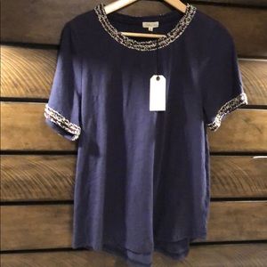 NWT Navy fringe hem tee